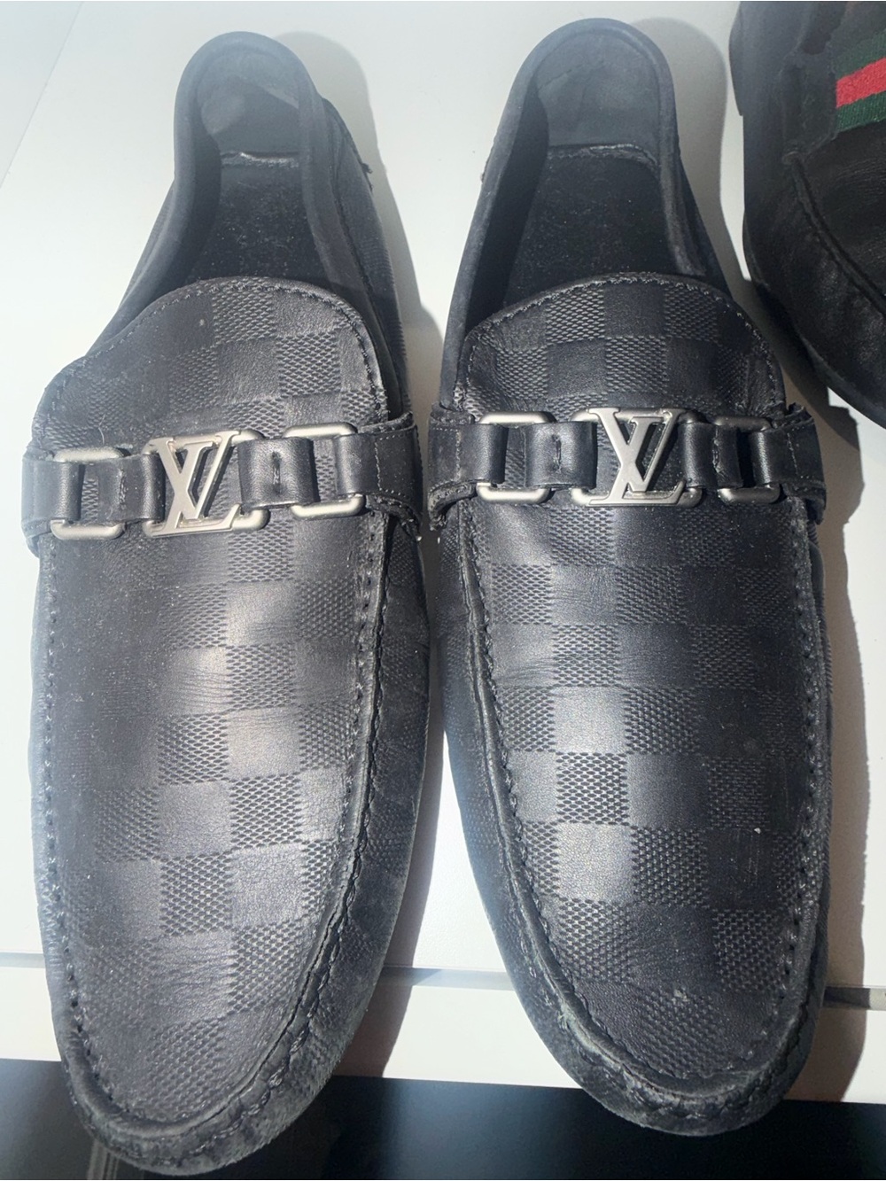 Louis Vuitton Black Damier Men’s Slip-On Loafers with Silver LV Bit